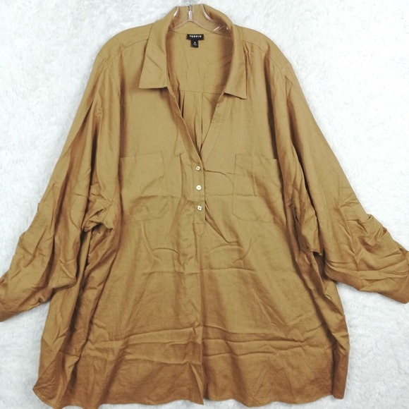 torrid Tops - Torrid Womens Shirt Button Up Linen‎ Blend Brown Camel Roll Tab Sleeve Plus 6